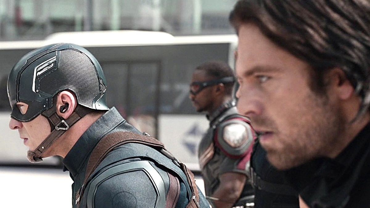 Steve (L), Sam (C), and Bucky (R) prepare for battle in Marvel Studios' 'Captain America: Civil War'.