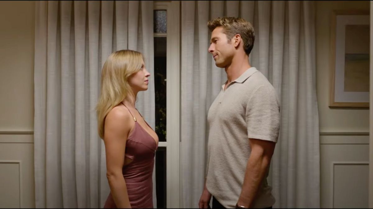 Sydney Sweeney and Glen Powell share a tense moment in upcoming 'Anyone But You'