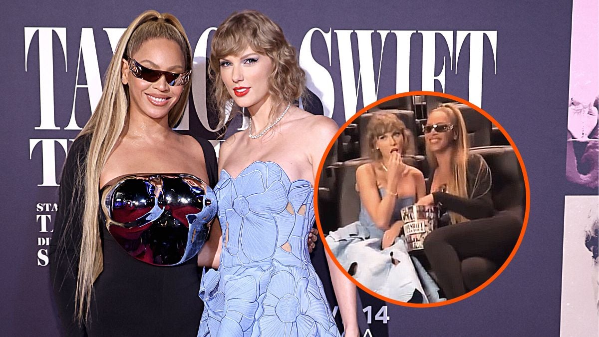 Photo montage of Beyoncé and Taylor Swift at the Los Angeles premiere for the Eras Tour concert movie.