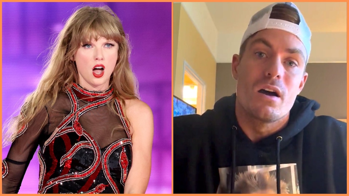 Side by side photo of Taylor Swift performing on stage and Grayson Waller speaking in a Twitter video