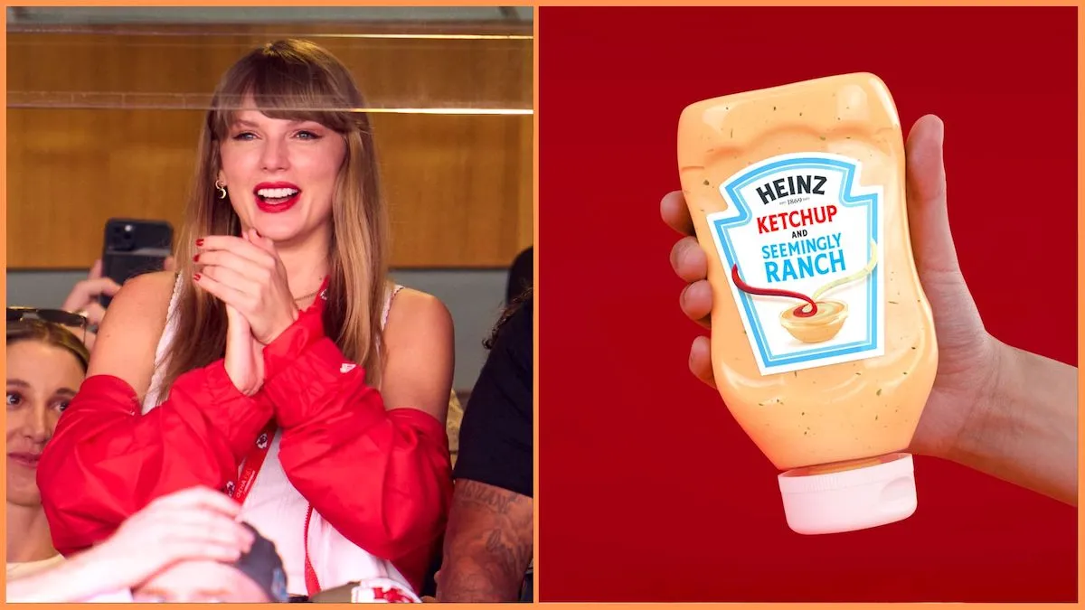 Taylor Swift clapping and smiling at the Kansas City Chiefs game alongside a photo of Heinz's new condiment, Ketchup and Seemingly Ranch