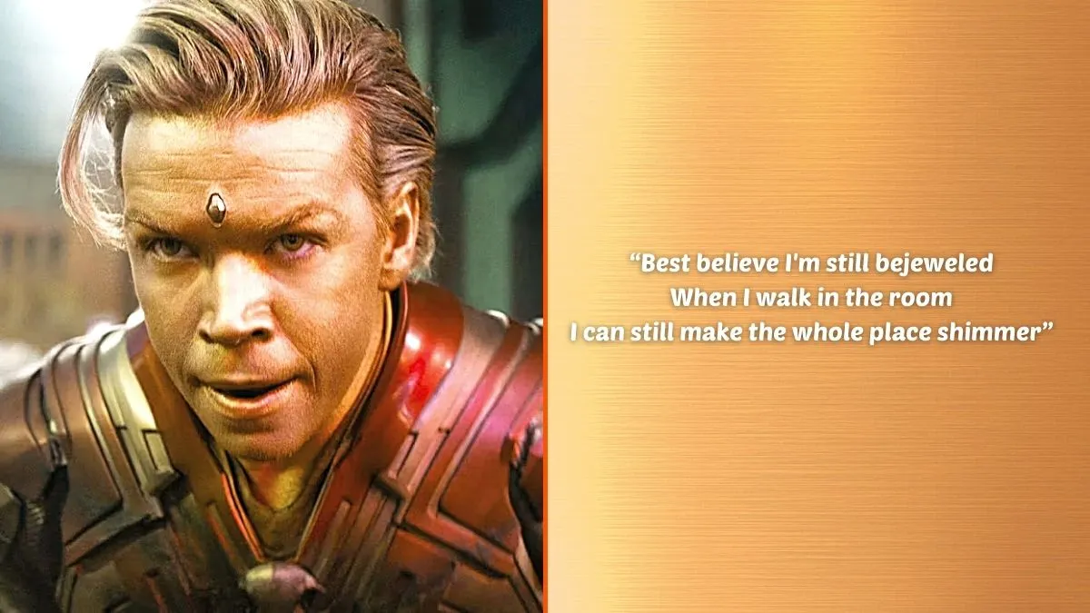 Photo montage of Will Poulter as Adam Warlock in Marvel Studios' 'Guardians of the Galaxy Vol. 3' and an excerpt of the lyrics from Taylor Swift's 'Bejeweled'.