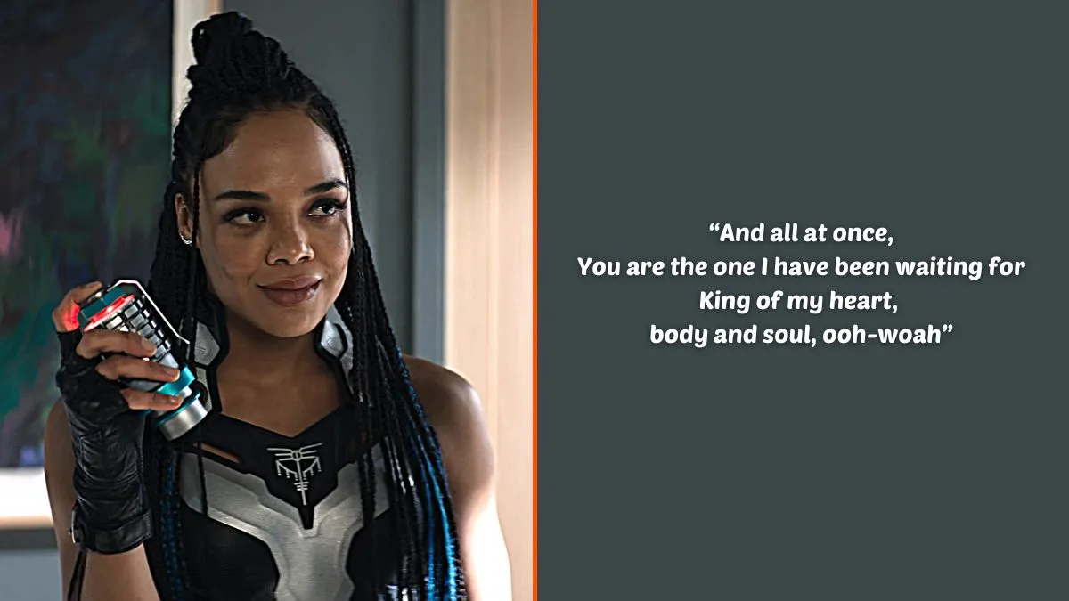 Photo montage of Tessa Thompson as Valkyrie in Marvel Studios' 'Thor: Love and Thunder' and an excerpt of the lyrics from Taylor Swift's 'King of My Heart'.