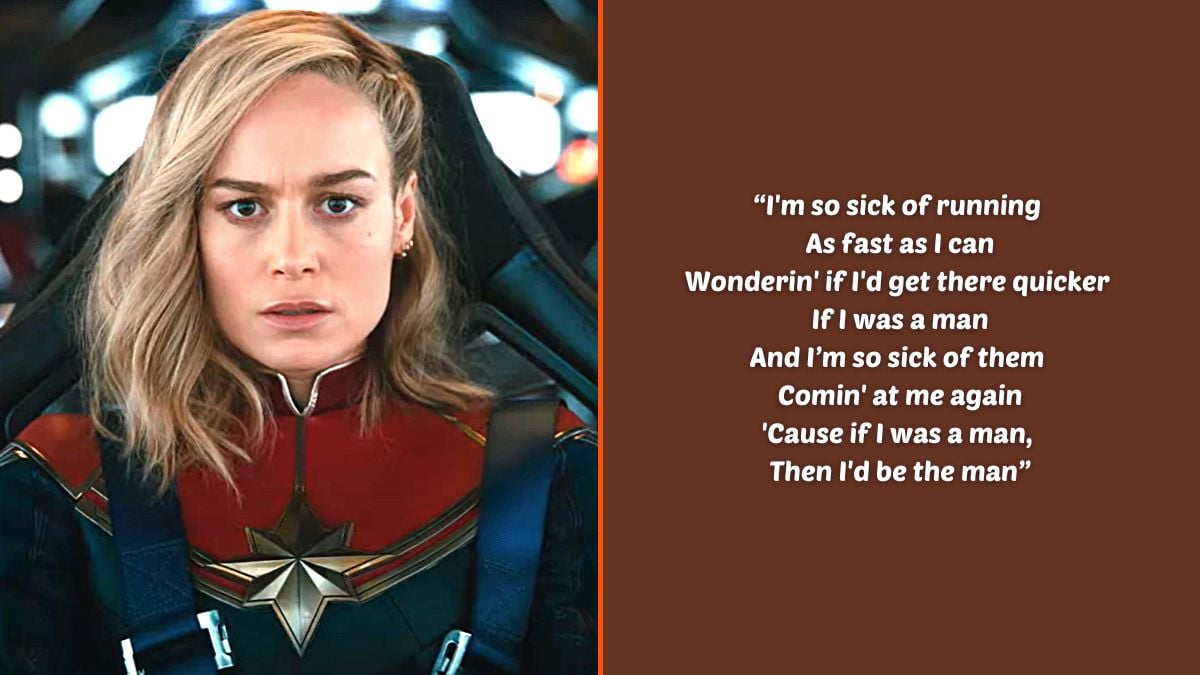 Photo montage of Brie Larson as Captain Marvel/Carol Danvers in Marvel Studios' 'The Marvels' and an excerpt of the lyrics from Taylor Swift's 'The Man'.