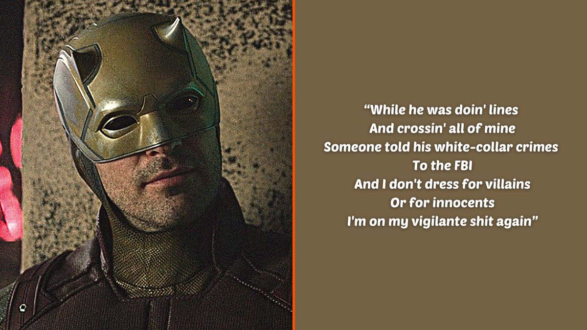 Photo montage of Charlie Cox as Daredevil/Matt Murdock in Marvel Studios' 'She-Hulk: Attorney at Law' and an excerpt of the lyrics from Taylor Swift's 'Vigilante Sht'.
