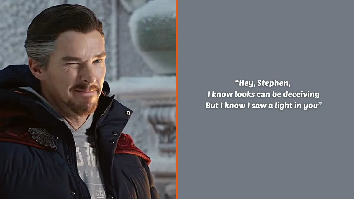 Photo montage of Benedict Cumberbatch as Doctor Stephen Strange in Marvel Studios' 'Spider-Man: No Way Home' and an excerpt of the lyrics from Taylor Swift's 'Hey Stephen'.