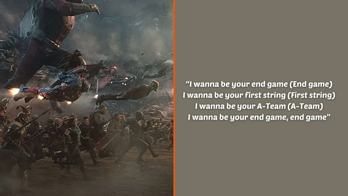 Photo montage of every Marvel superhero running toward battle in Marvel Studios 'Avengers: Endgame' and an excerpt of the lyrics from Taylor Swift's 'End Game'.