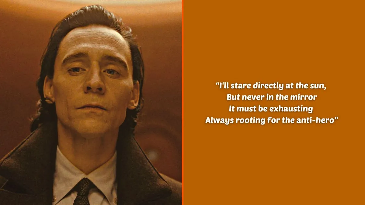 Photo montage of Tom Hiddleston as Loki in Marvel Studios' 'Loki' and an excerpt of the lyrics from Taylor Swift's 'Anti-Hero'.