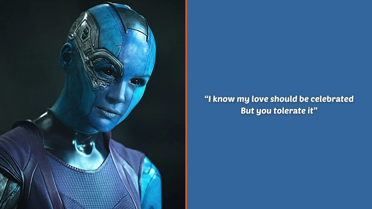 Photo montage of Karen Gillan as Nebula in Marvel Studios' 'Guardians of the Galaxy' and an excerpt of the lyrics from Taylor Swift's 'Tolerate It'.
