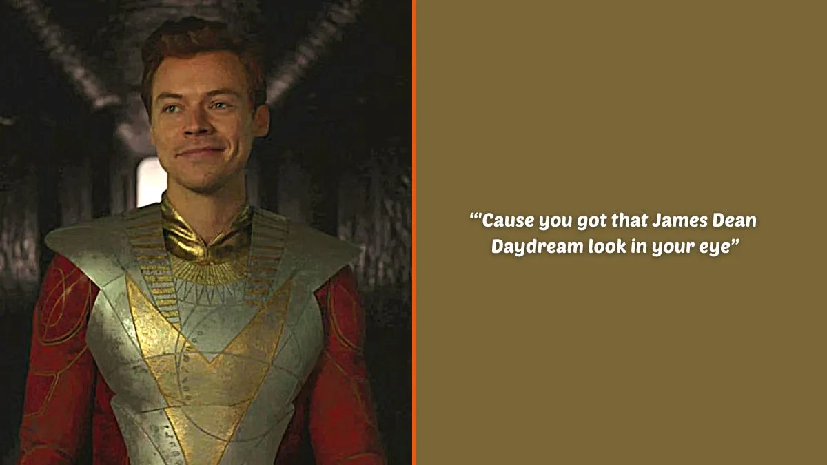 Photo montage of Harry Styles as Starfox in Marvel Studios' 'Eternals' and an excerpt of the lyrics from Taylor Swift's 'Style'.