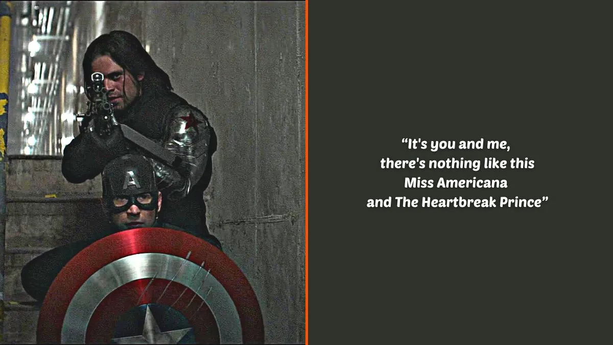 Photo montage of Sebastian Stan and Chris Evans as Bucky Barnes/The Winter Soldier and Steve Rogers/Captain America in Marvel Studios' 'Captain America: Civil War' and an excerpt of the lyrics from Taylor Swift's 'Miss Americana & The Heartbreak Prince'.