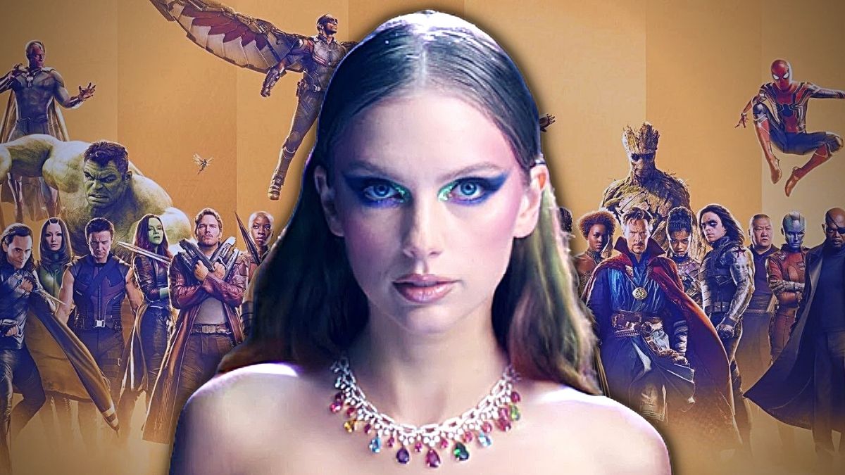 Photo montage of Taylor Swift in her music video for 'Bejeweled' and a poster of the Marvel Cinematic Universe's 10th anniversary.