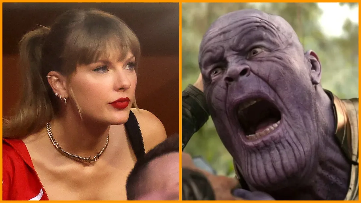 Taylor Swift looks on before the game between the Kansas City Chiefs and the Denver Broncos at GEHA Field at Arrowhead Stadium on October 12, 2023 in Kansas City, Missouri/Thanos yells as Thor stabs him in 'Avengers: Infinity War.'
