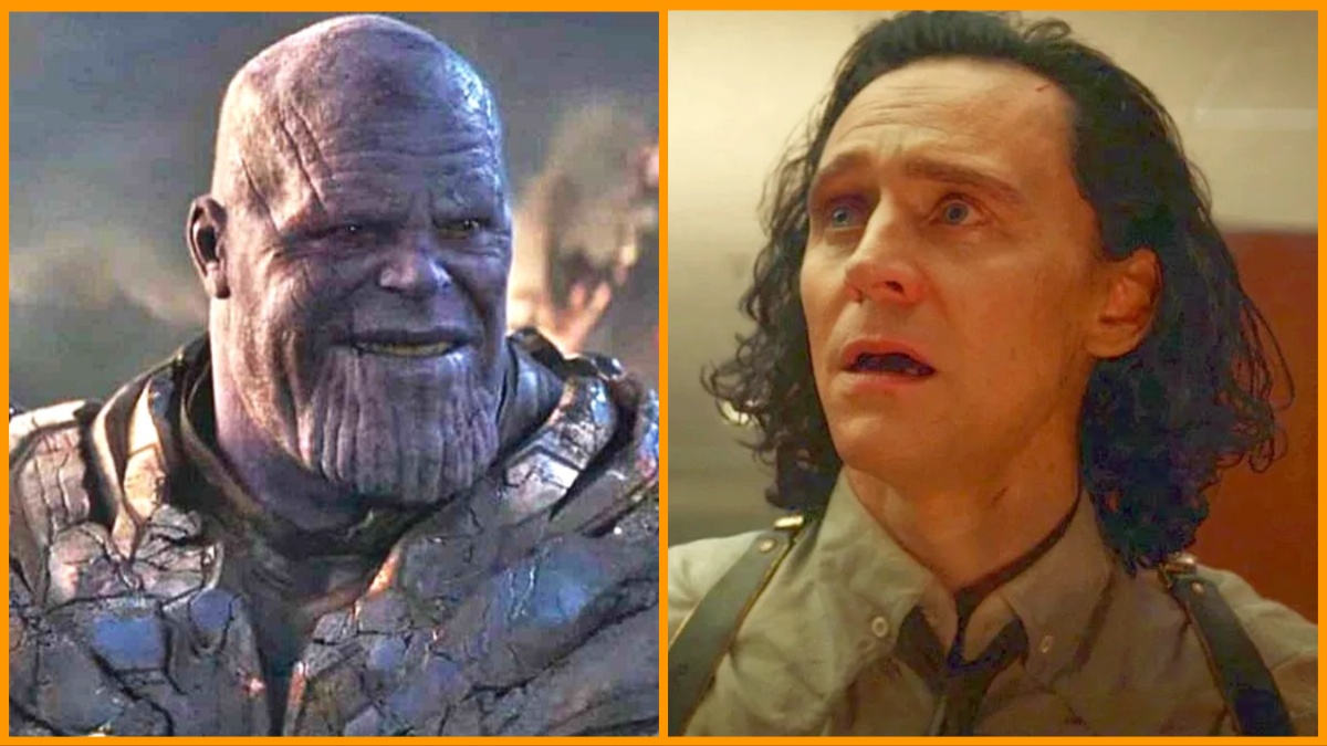 Thanos grins in 'Avengers: Endgame'/Loki looks on in terror in 'Loki' season 1
