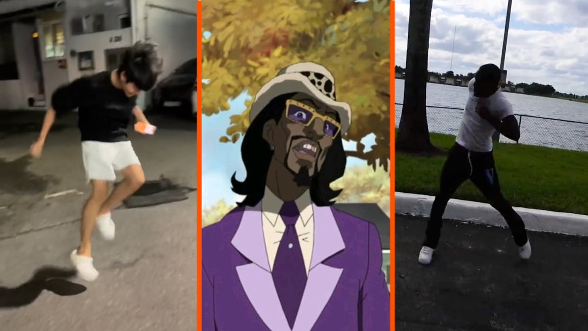 Two different dancers perform the jubi slide while A Pimp Named Slickback from The Boondocks sits in the middle.