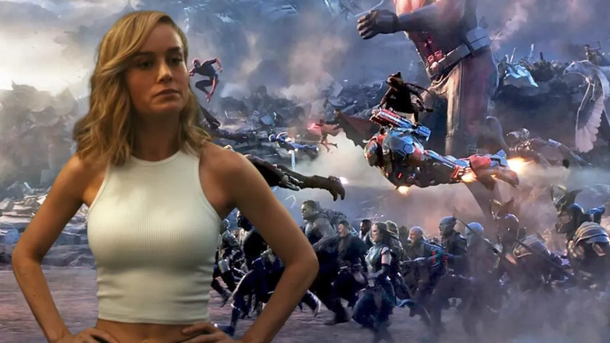 Brie Larson's Captain Marvel stands hands on hips in 'The Marvels' imposed over a screenshot of the Battle of Earth in 'Avengers: Endgame.'