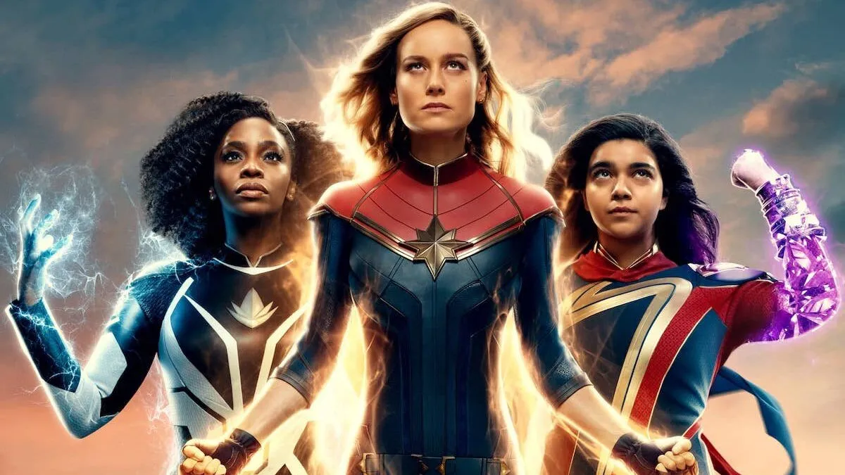 Monica Rambeau [L]. Captain Marvel [C], and Ms. Marvel [R] in a cropped poster for 'The Marvels'