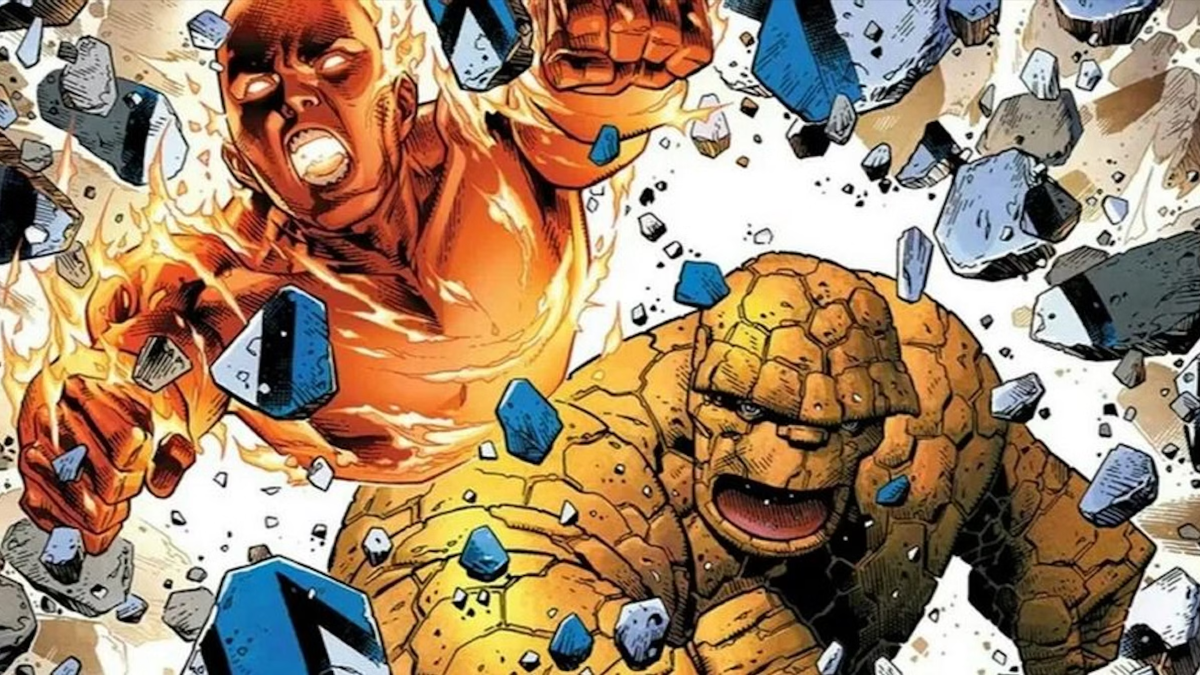 Human Torch and The Thing busting through a wall