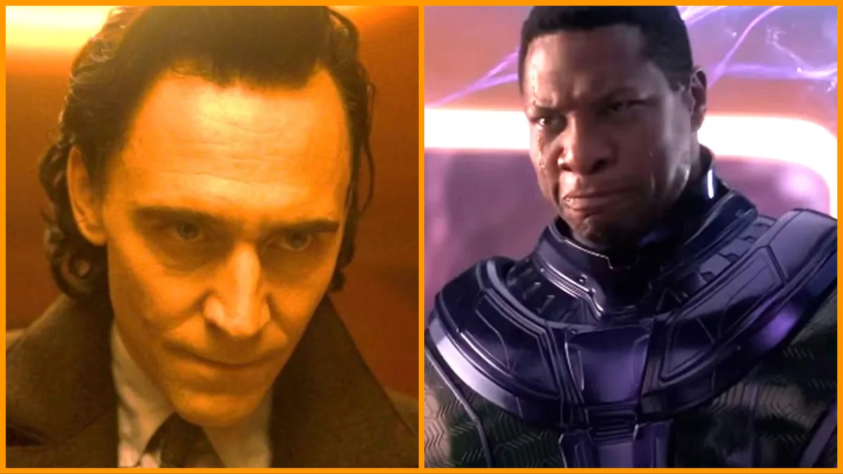 Tom Hiddleston scowls as Loki in season 2/Jonathan Majors frowns as Kang in 'Quantumania.'