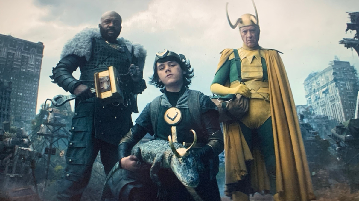 Boastful Loki, Alligator Loki, Kid Loki, and Classic Loki all stand together in the Void at the End of Time. 