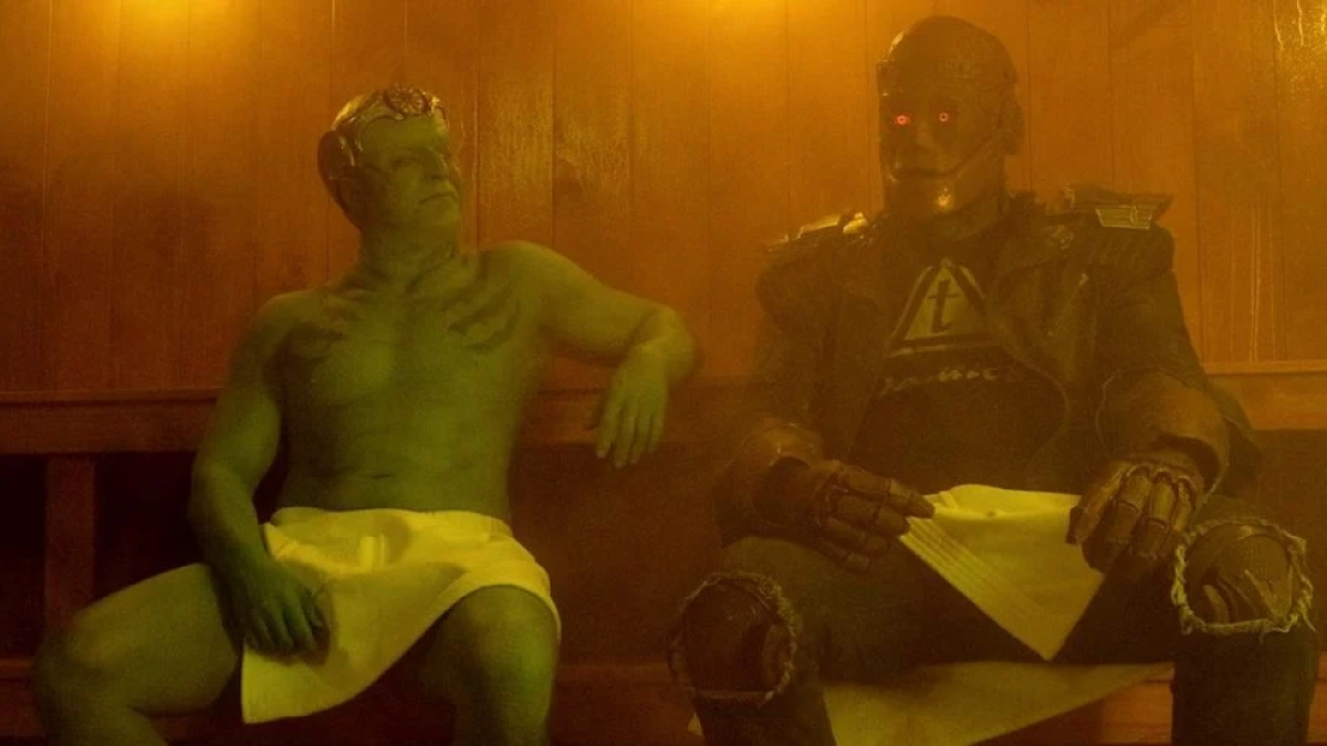 Garguax and Robotman in a sauna