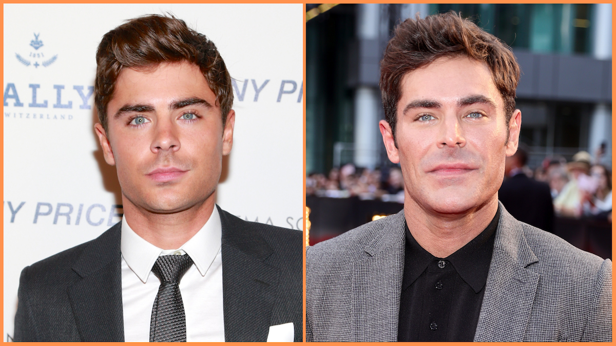 Side by side photos of Zac Efron in 2013 and 2023, each on the red carpet, clean shaven, looking directly at the camera