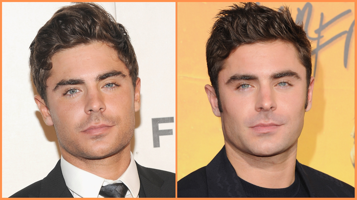 Side by side photos of Zac Efron in 2013 and 2014, each on the red carpet, clean shaven, looking directly at the camera