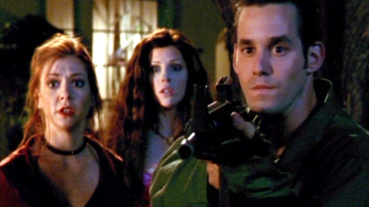 Willow, Buffy and Xander face off against something off-screen in 'Buffy the Vampire Slayer' episode "Halloween."