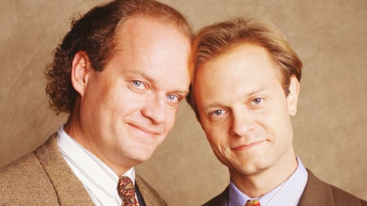 Kelsey Grammer and David Hyde Pierce pose for a brotherly promo photo as Frasier and Niles Crane.