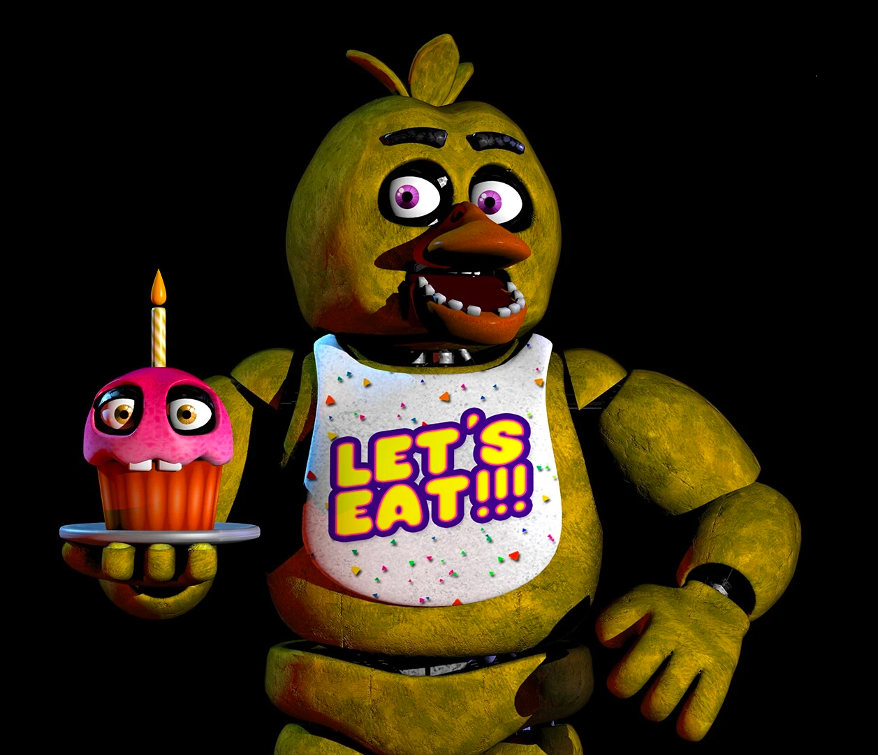 Chica is holding up a cupcake. 