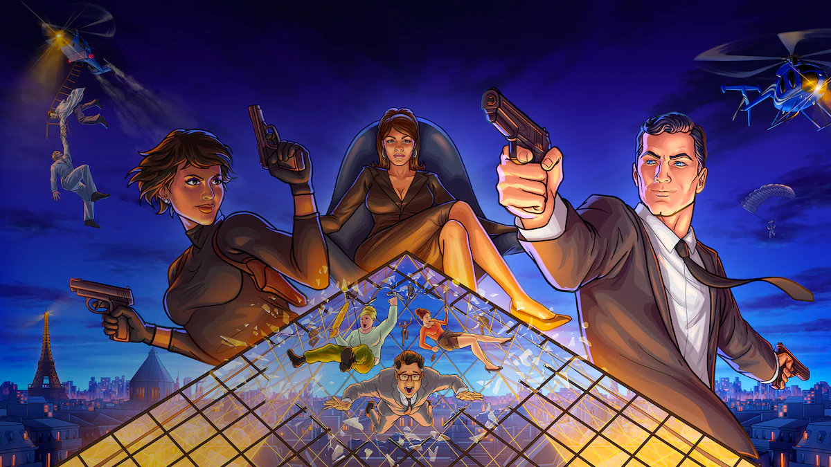 The characters of Archer are scattered around a pyramid.