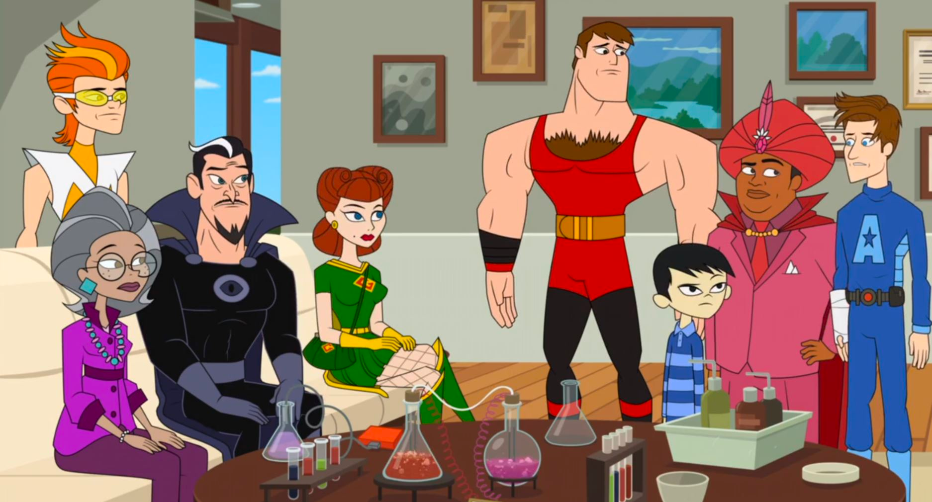 The characters of The Awesomes are sitting in a living room.