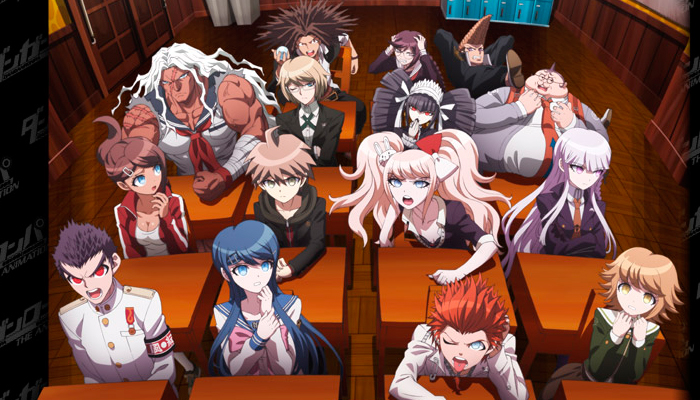 Characters from Danganronpa sit at their desks in a classroom. 