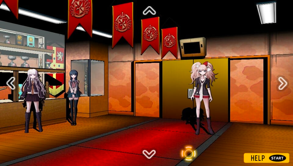 Female characters are standing in an empty room in the Danganronpa game. 