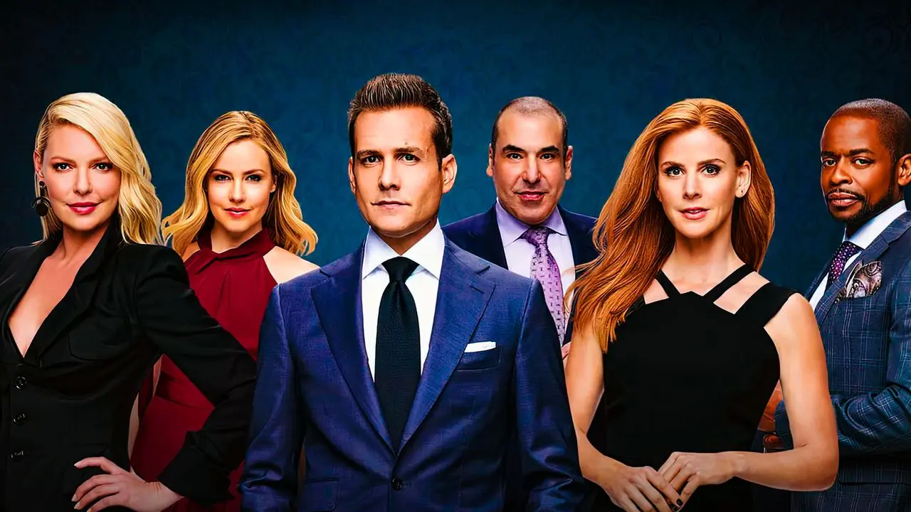 The cast of Suits is in business attire and is posing for a picture in front of a blue background. 
