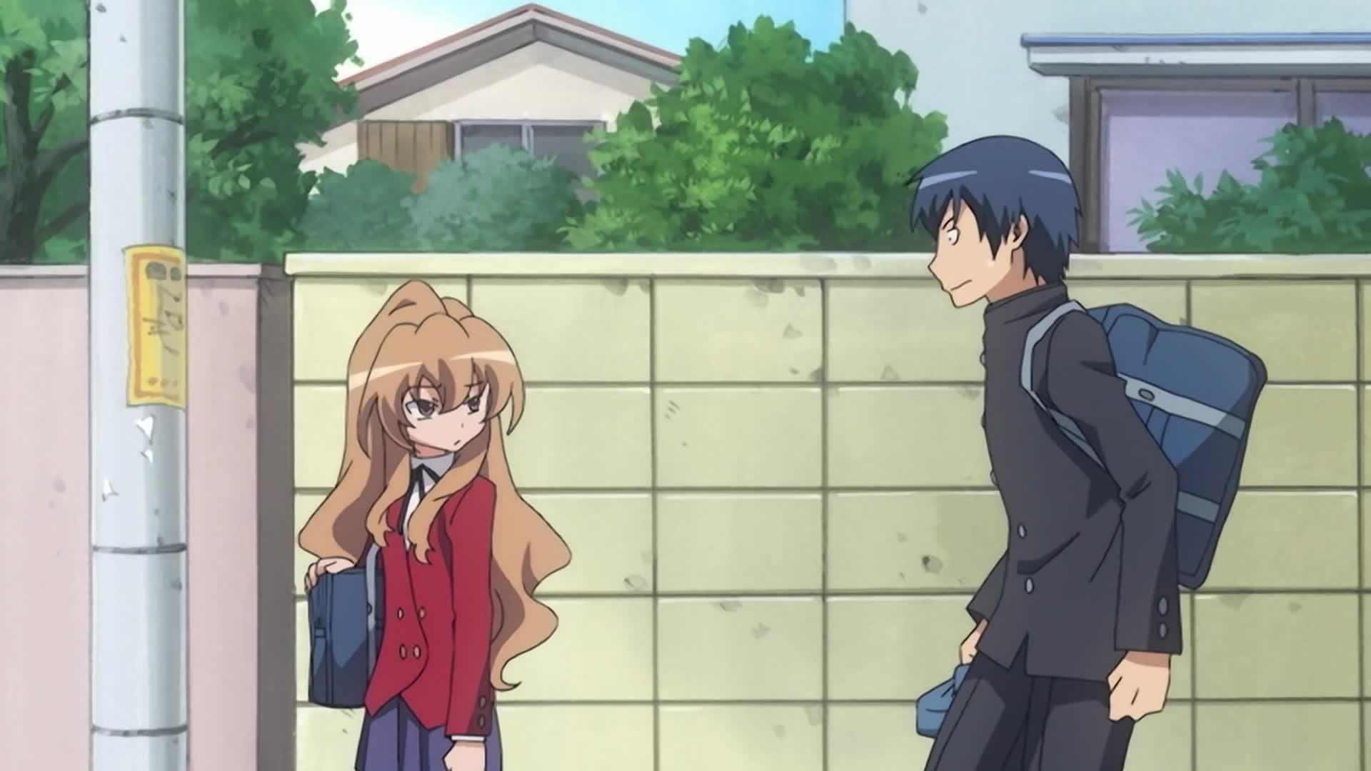 Two characters from Toradora! are looking at each other, unamused. 