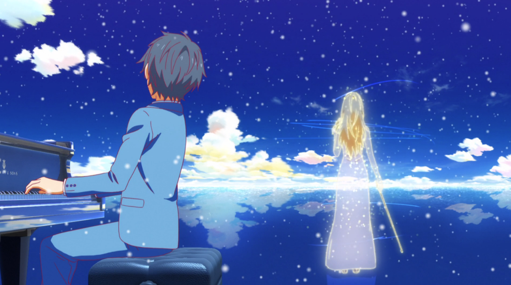 Characters from You Lie in April are in the clouds. 
