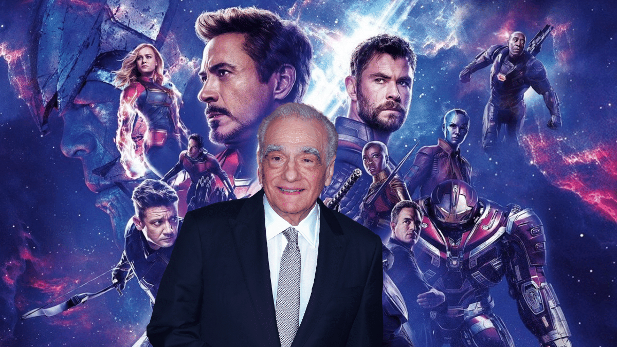 Martin Scorsese with the cast of 'Avengers: Endgame' in the background.