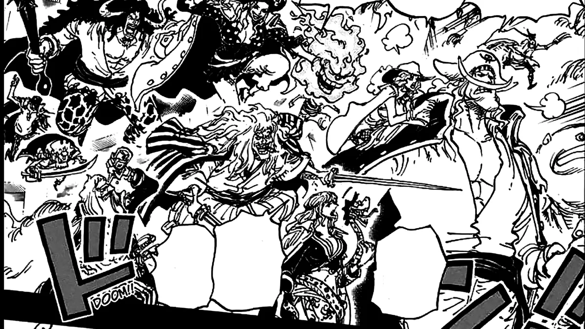 One Piece panel from Chapter 1097, where all the Rocks Pirates attack God Valley