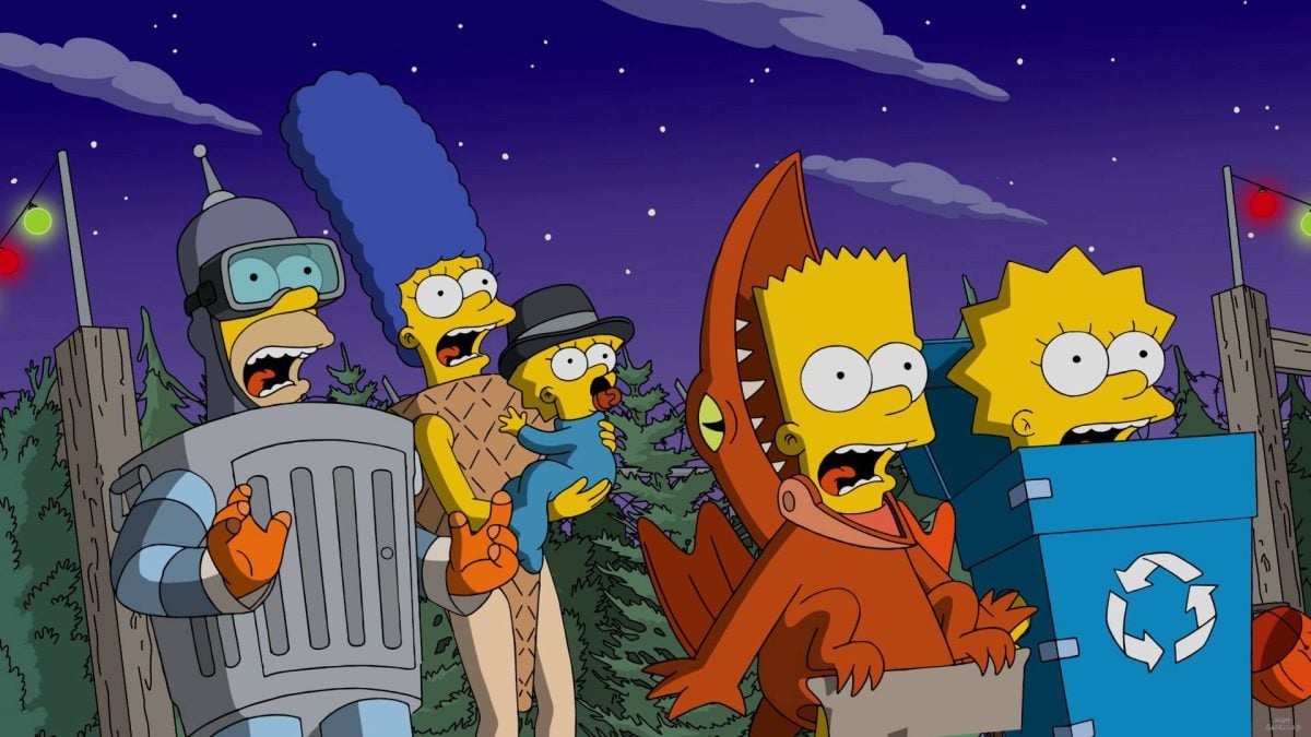 The Simpsons scream while trick-or-treating in 'Treehouse of Horror XXVII.'