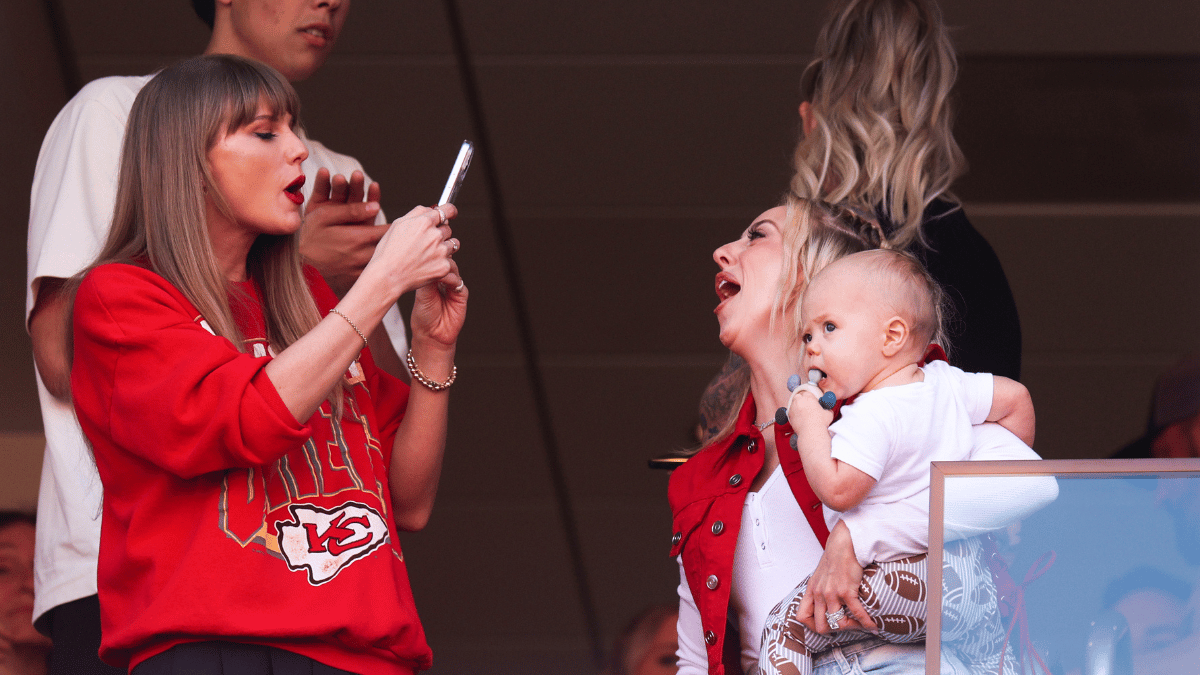 Taylor Swift and Brittany Mahomes react during a game between the Los Angeles Chargers and Kansas City Chiefs at GEHA Field at Arrowhead Stadium on October 22, 2023 in Kansas City, Missouri.