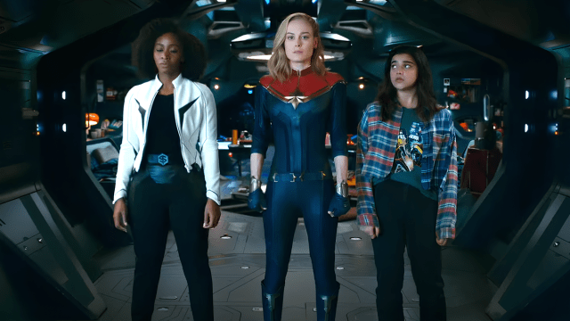 Monica (Teyonah Parris), Captain Marvel (Brie Larson), and Kamala (Iman Vellani) stand together in 'The Marvels.'
