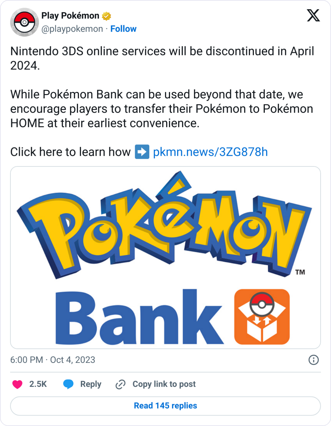 Anúncio do Pokémon Bank