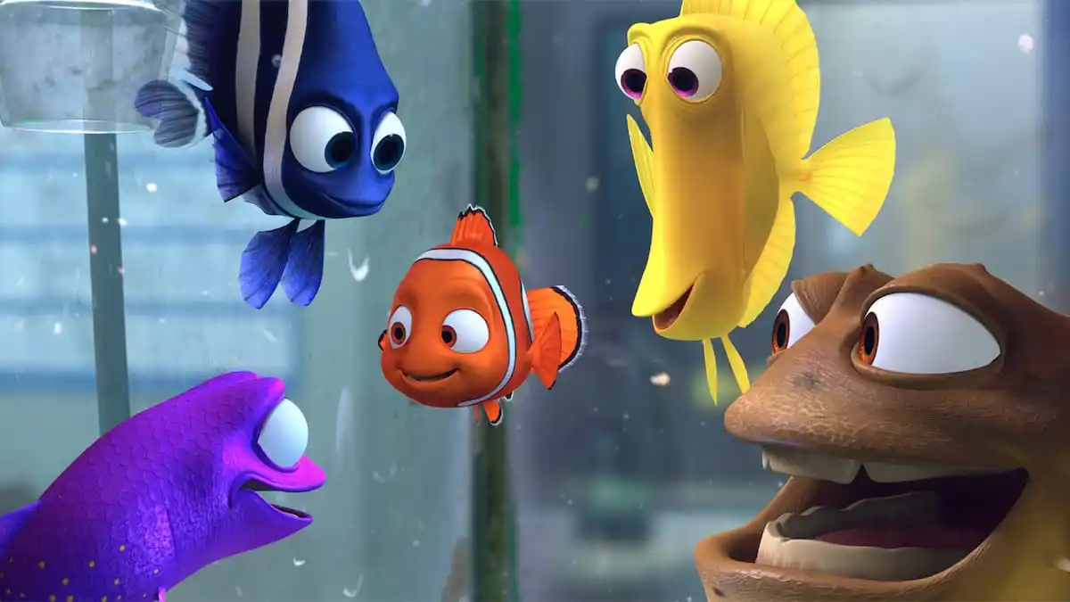 The fish in Finding Nemo are talking to each other in a fish tank. 