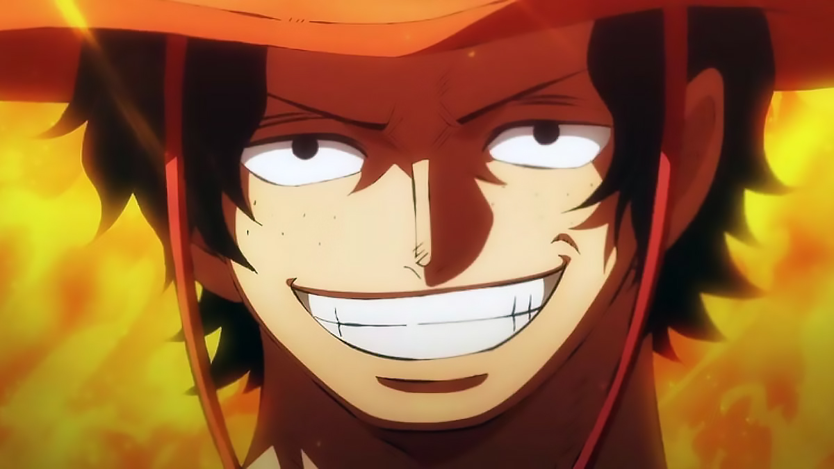 Ace smiling in One Piece, with flames surrounding him