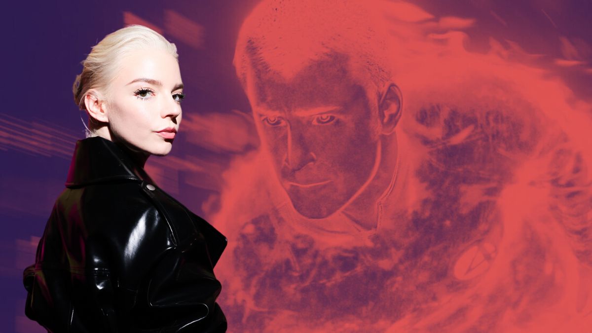 Anya Taylor Joy superimposed over a duotone image of Chris Evans' Human Torch from 2005's Fantastic Four.
