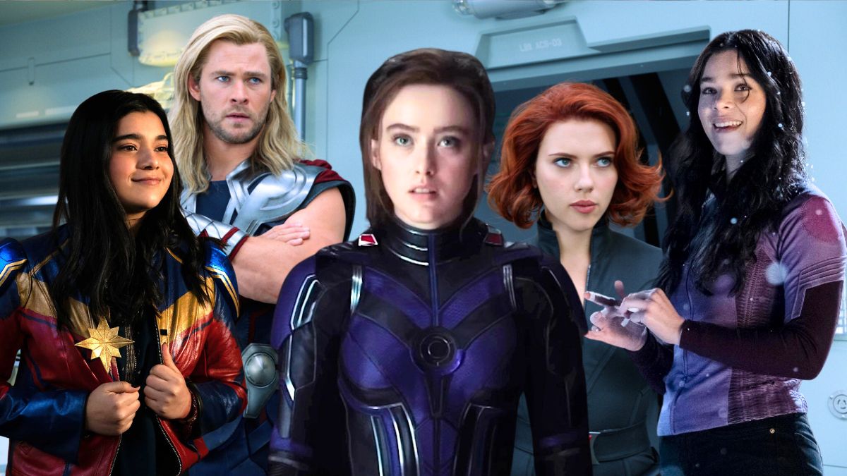 Ms. Marvel, Cassie Lang, and Kate Bishop superimposed over a still of Thor and Black Widow from The Avengers.