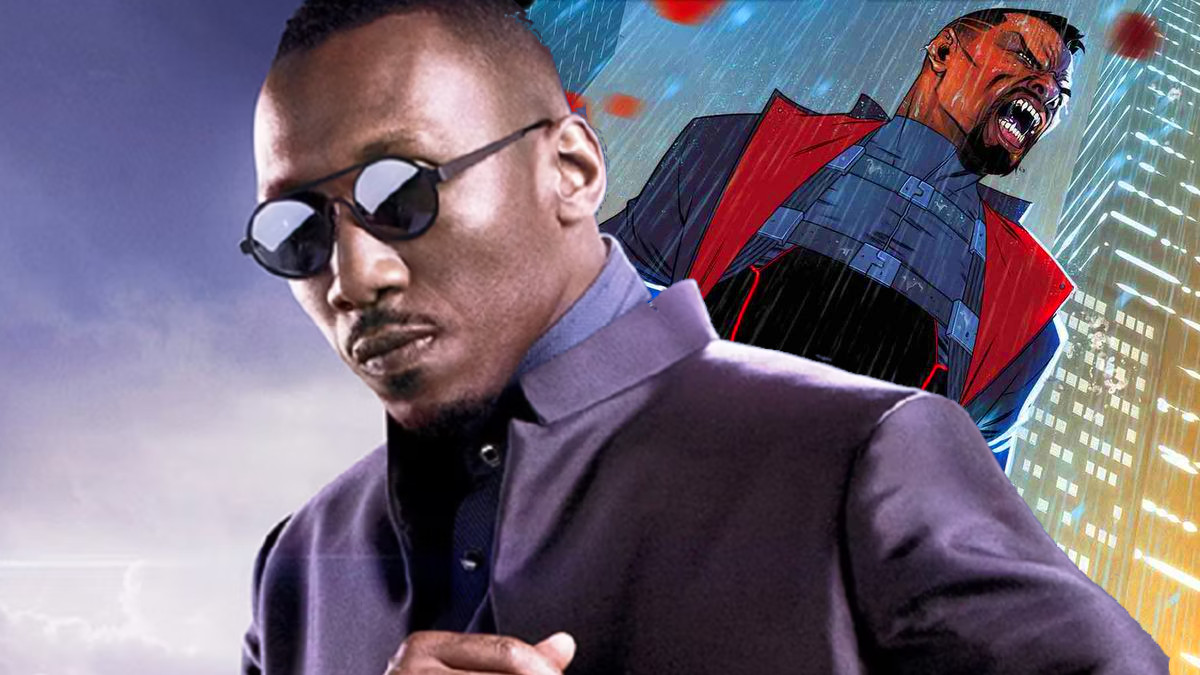 Mahershala Ali in a purple suit faces the left and Blade from the Marvel comics looks sternly on the right.