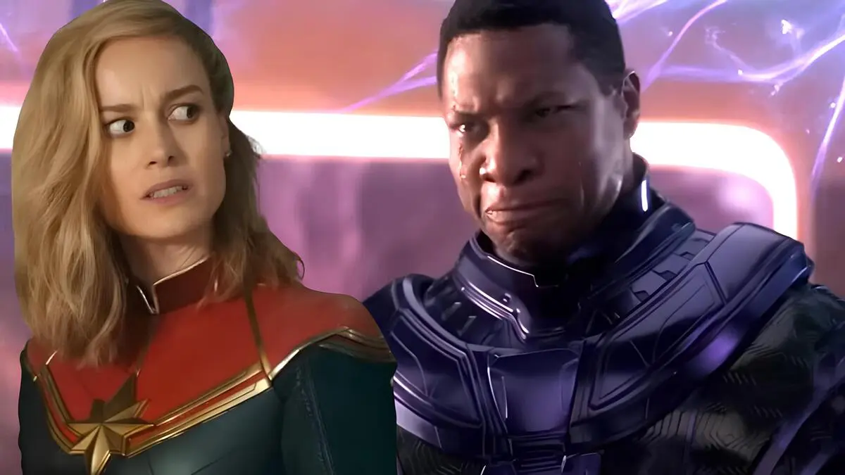 Brie Larson pulls a grossed-out face in 'Ms. Marvel' as Jonathan Majors frowns as Kang in 'Quantumania.'