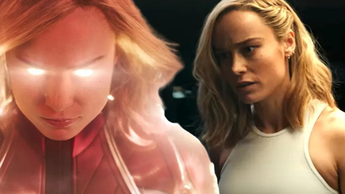 Captain Marvel's glowing binary form superimposed over a screenshot of a worried-looking Carol Danvers from The Marvels.